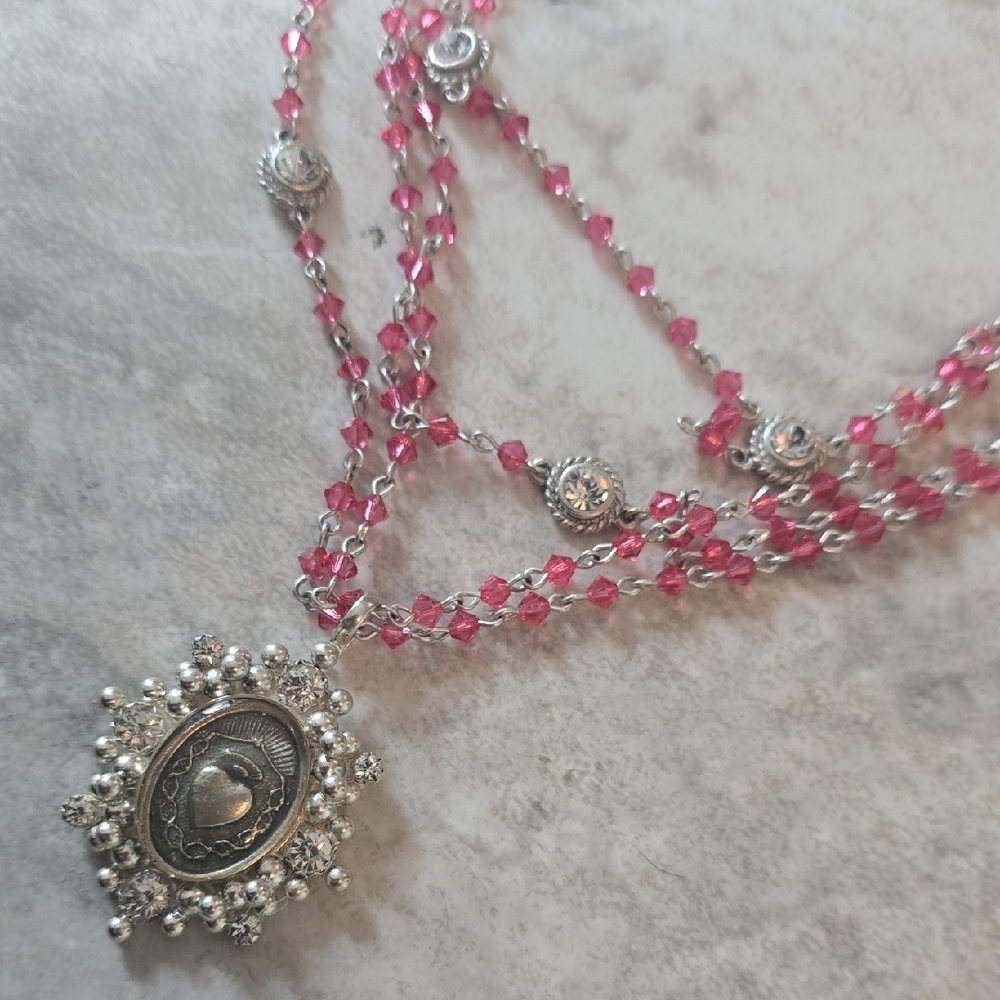 Virgins Saints & Angels Silver and Pink Heart Necklace